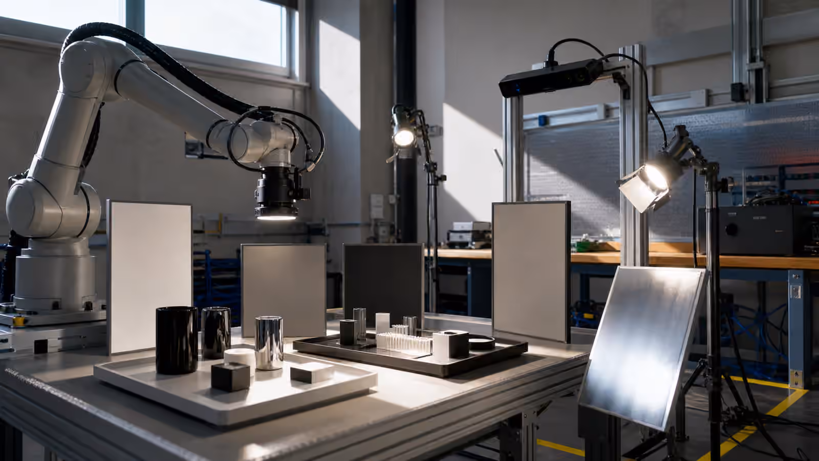 A robot arm and vision test bench with adjustable lights, trays, glossy objects, shadows, and calibration panels.