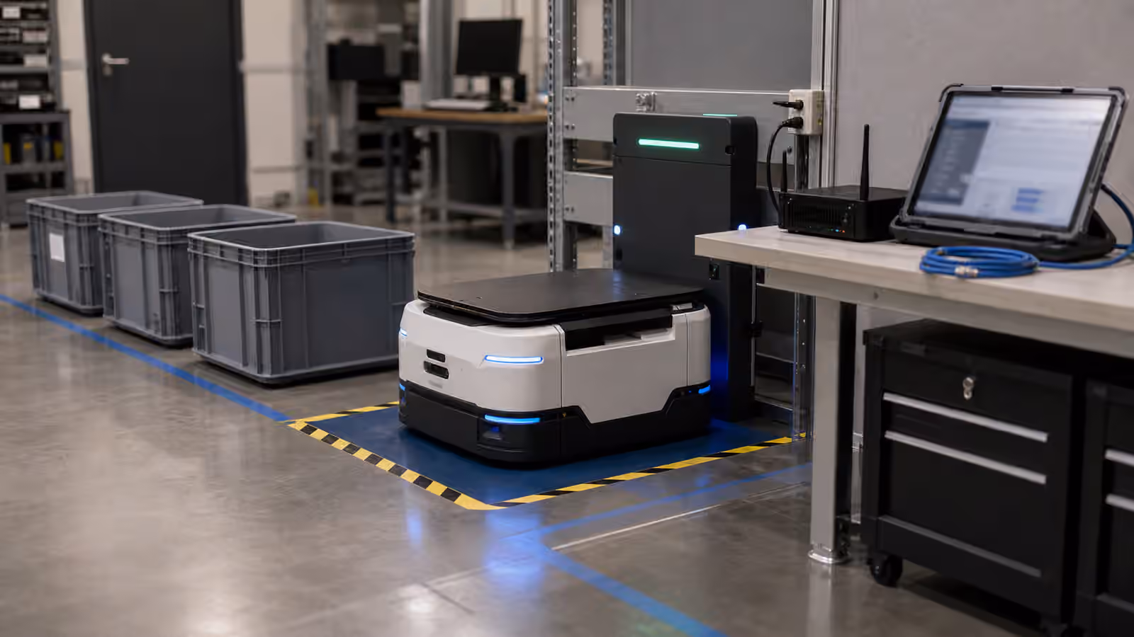 A mobile robot parked in a safe pull-off zone near a dock, edge compute box, service cart, and blurred tablet.