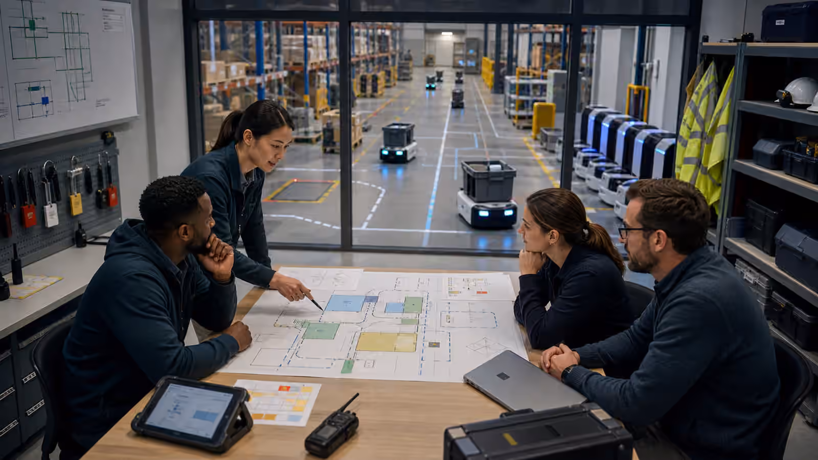 A robotics deployment room with mobile robots, route markings, charging docks, operators, and a planning table.