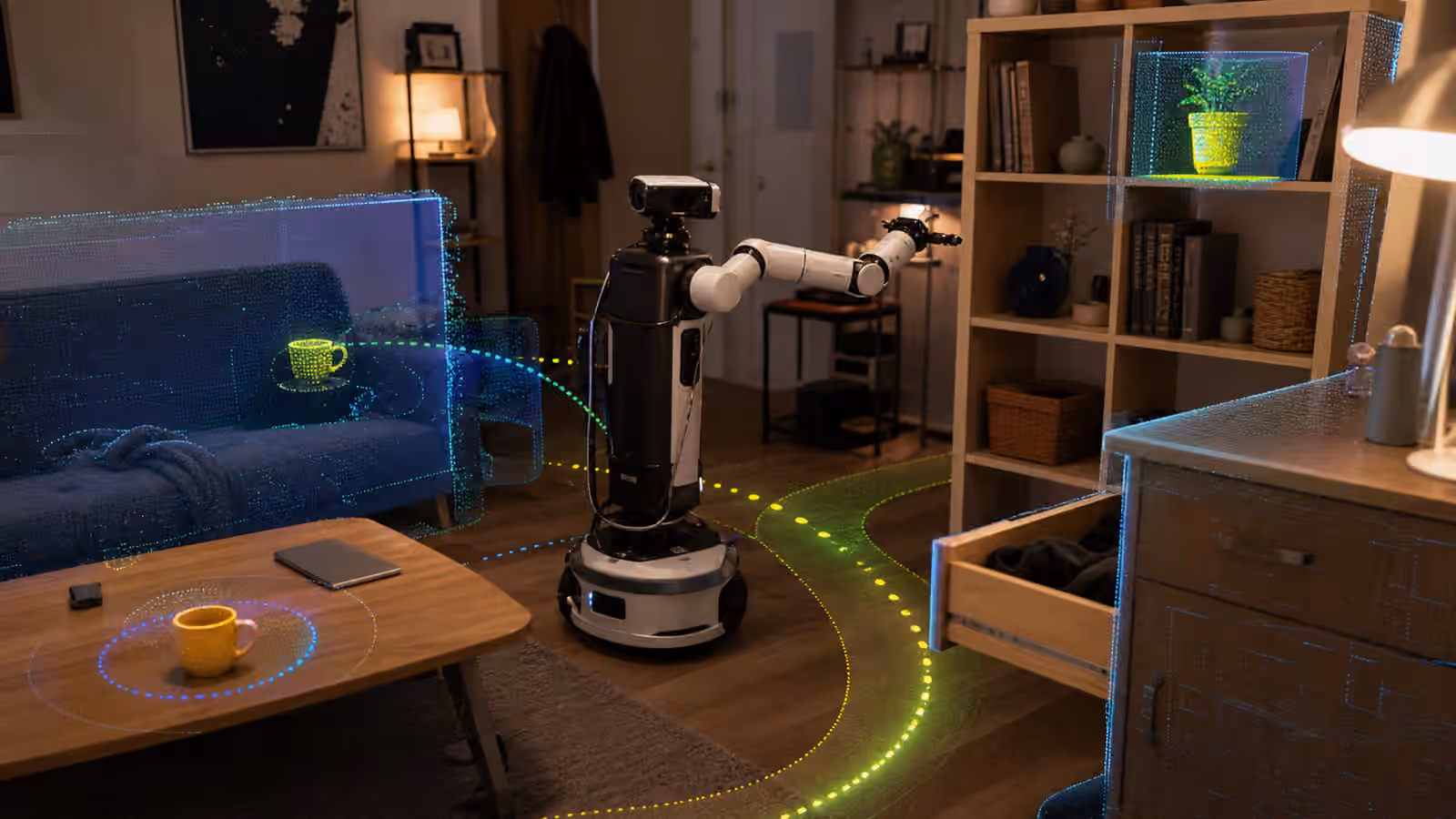 A mobile manipulator in a lived-in lab apartment tracking objects across a table, shelf, drawer, and walking path.