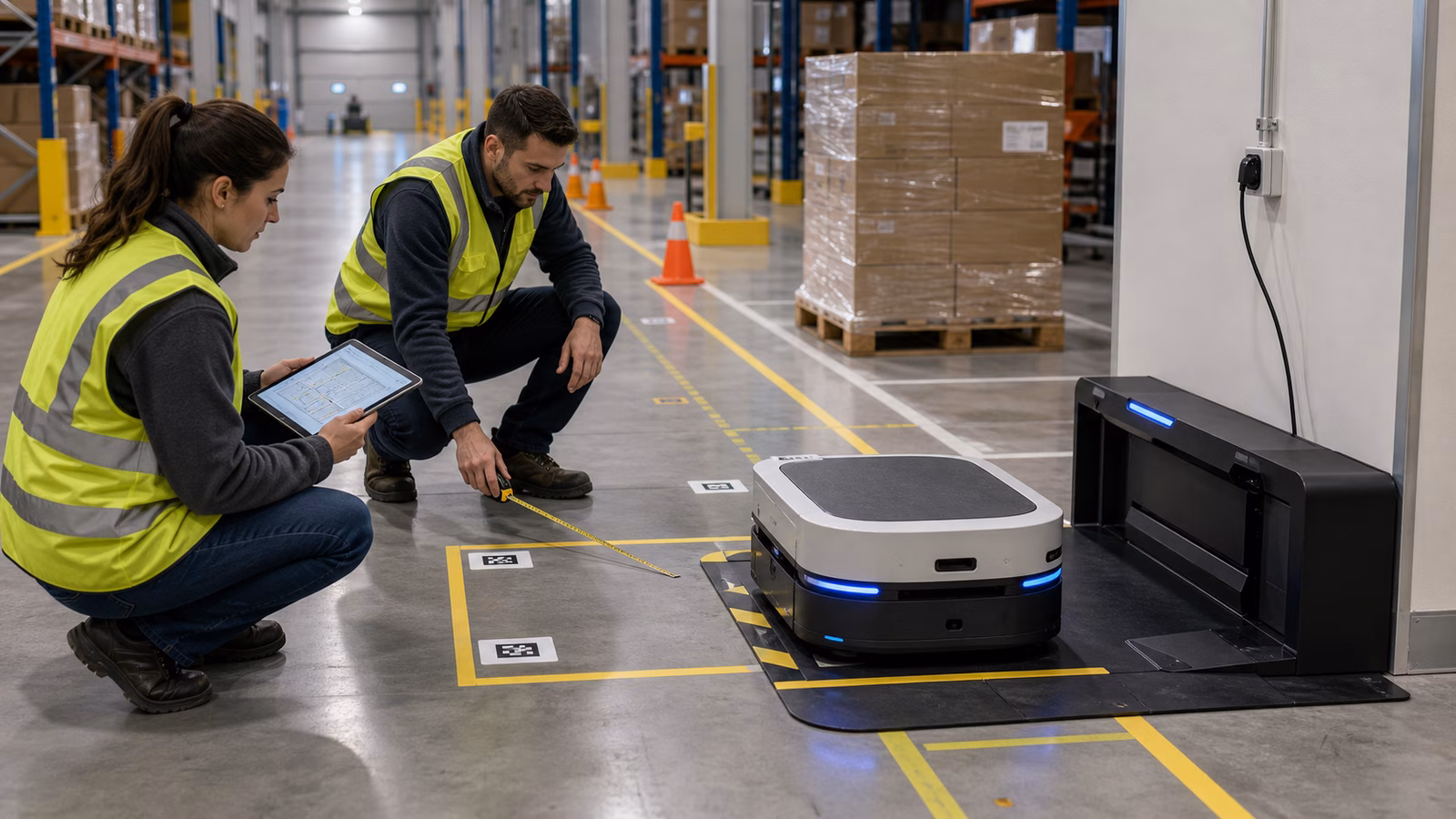 Technicians preparing a warehouse receiving area for an autonomous mobile robot near a charging dock, floor markers, aisles, pallets, and safety cones.