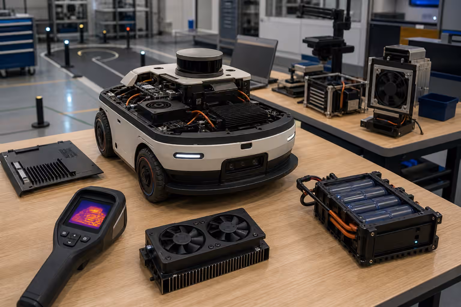 A compact robot on a lab bench beside cooling vents, heat sinks, fans, battery modules, and inspection tools.