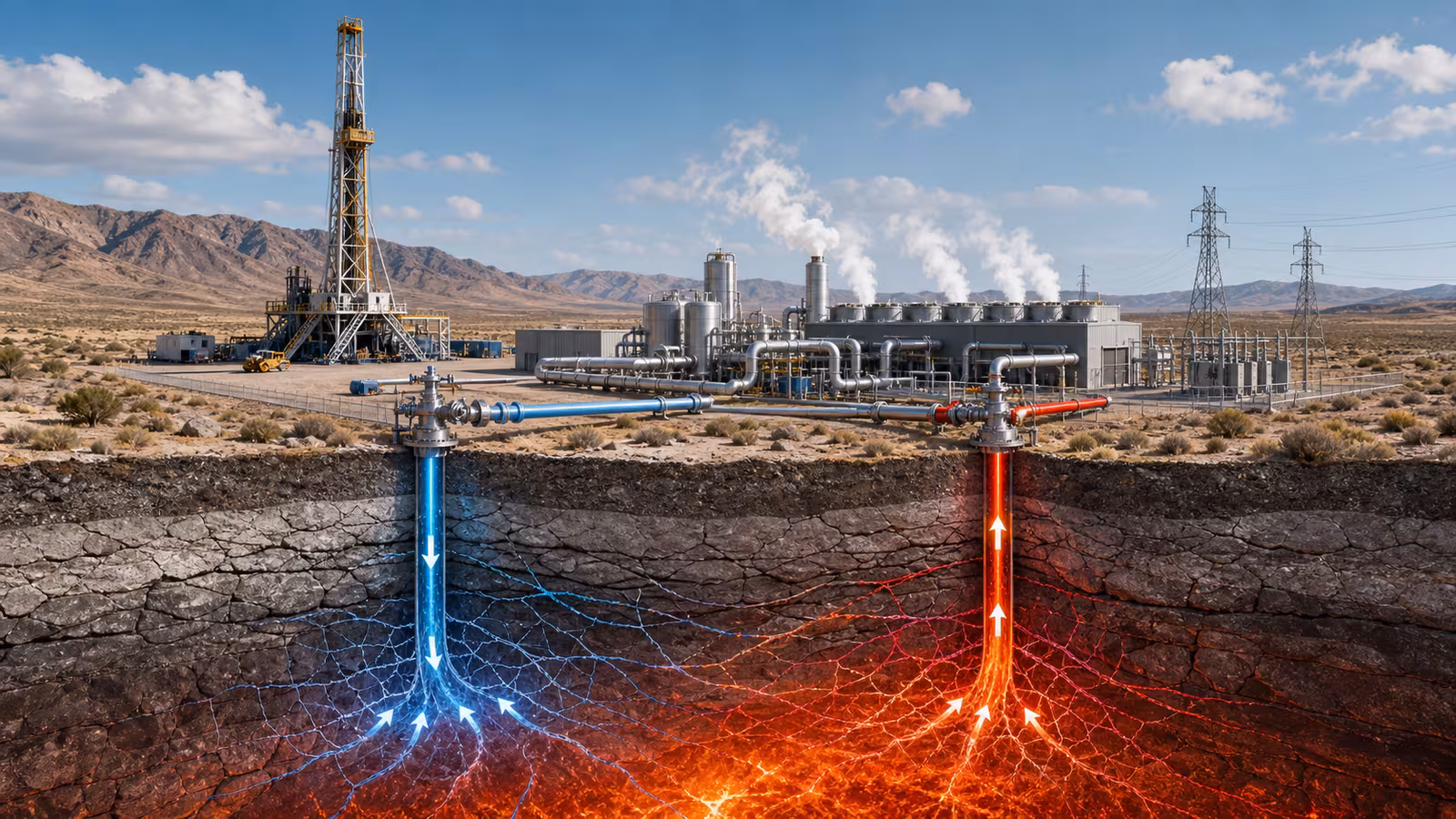 A modern geothermal field with drilling rig, injection and production wells, insulated pipes, compact power plant, and a subtle underground hot-rock cutaway.