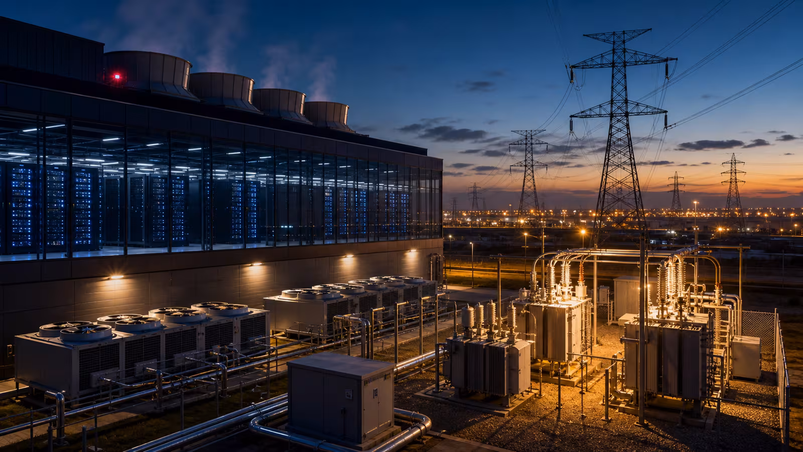 A large modern data center at night beside a substation, cooling equipment, transformers, and transmission lines with abstract compute nodes glowing inside.