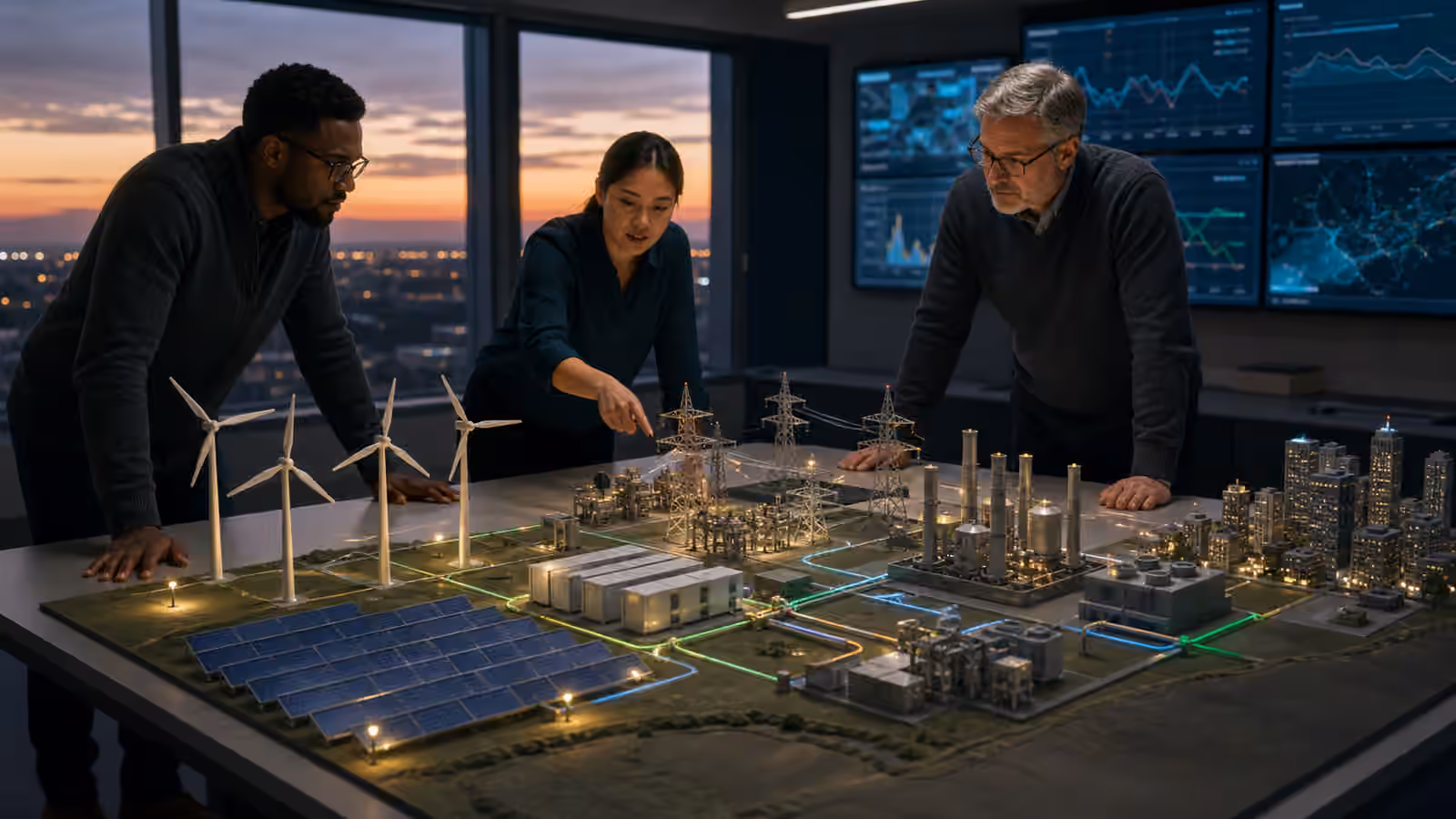 A tabletop model of wind, solar, batteries, power plants, transmission towers, and city load connected by colored reliability paths at dusk.