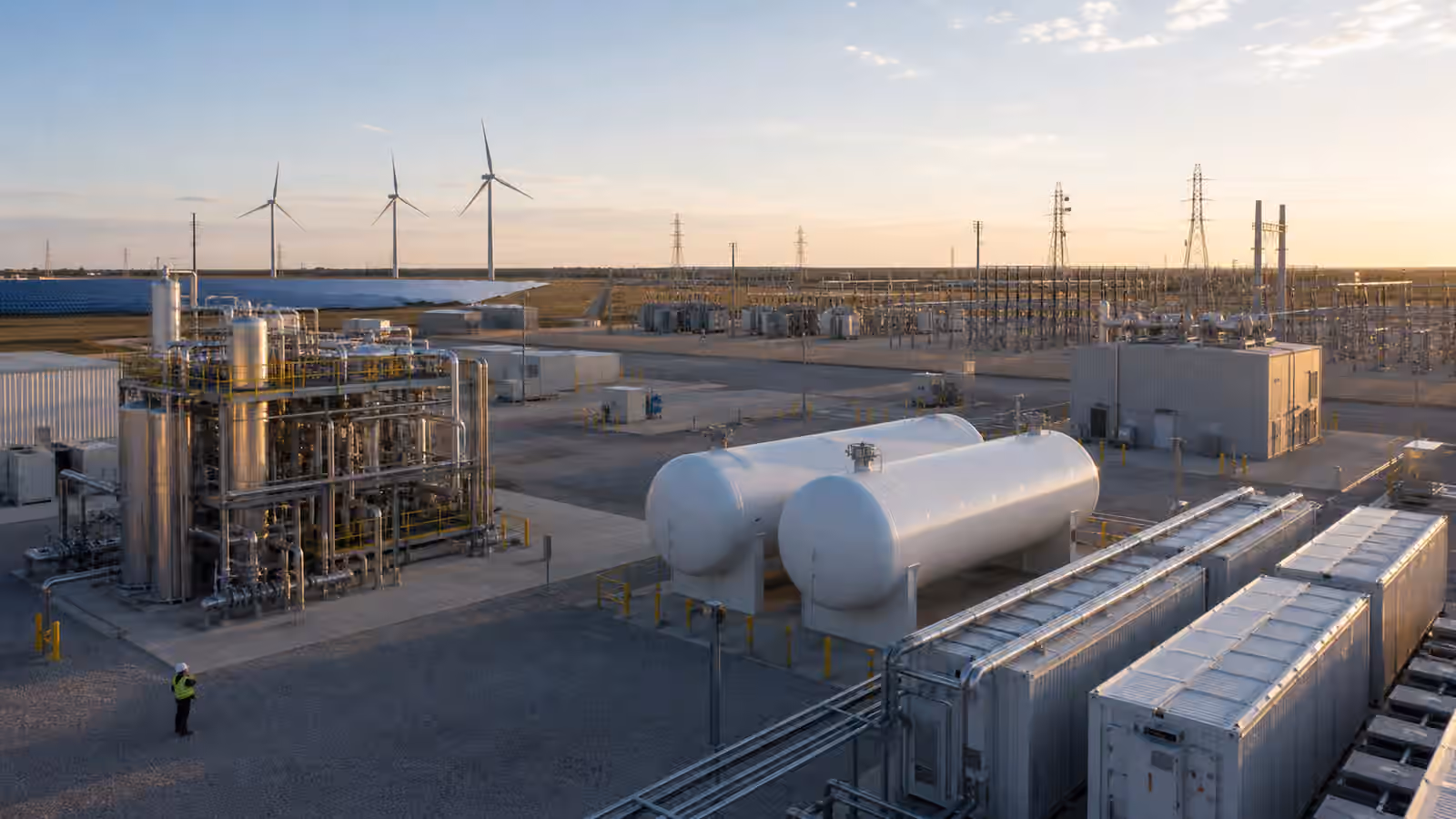 A clean-fuels energy hub with hydrogen storage tanks, pipe racks, battery containers, wind turbines, solar panels, and a grid substation.