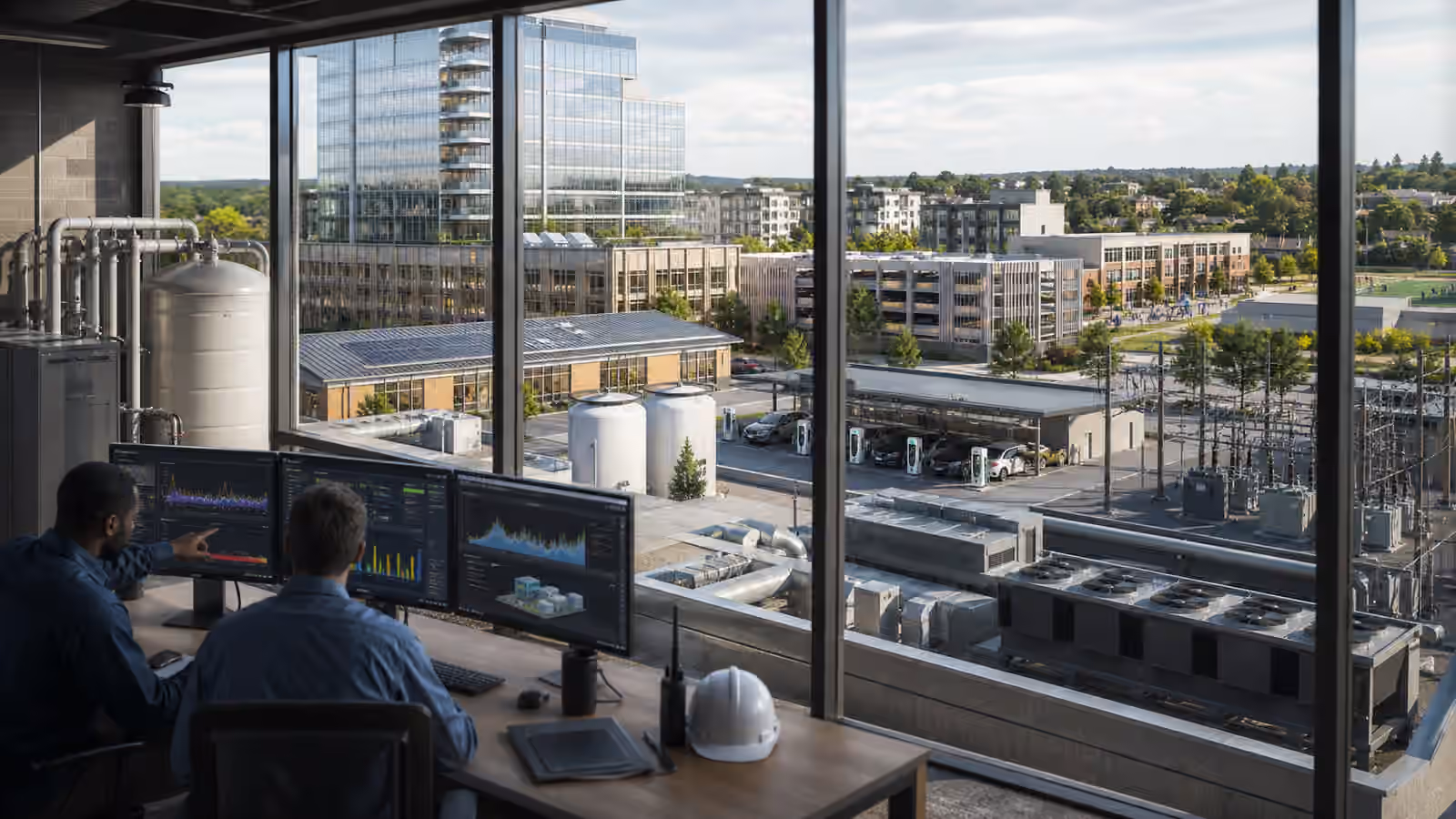 Building engineers monitor HVAC equipment, thermal storage tanks, EV chargers, rooftop systems, and a nearby substation in a mixed-use district.