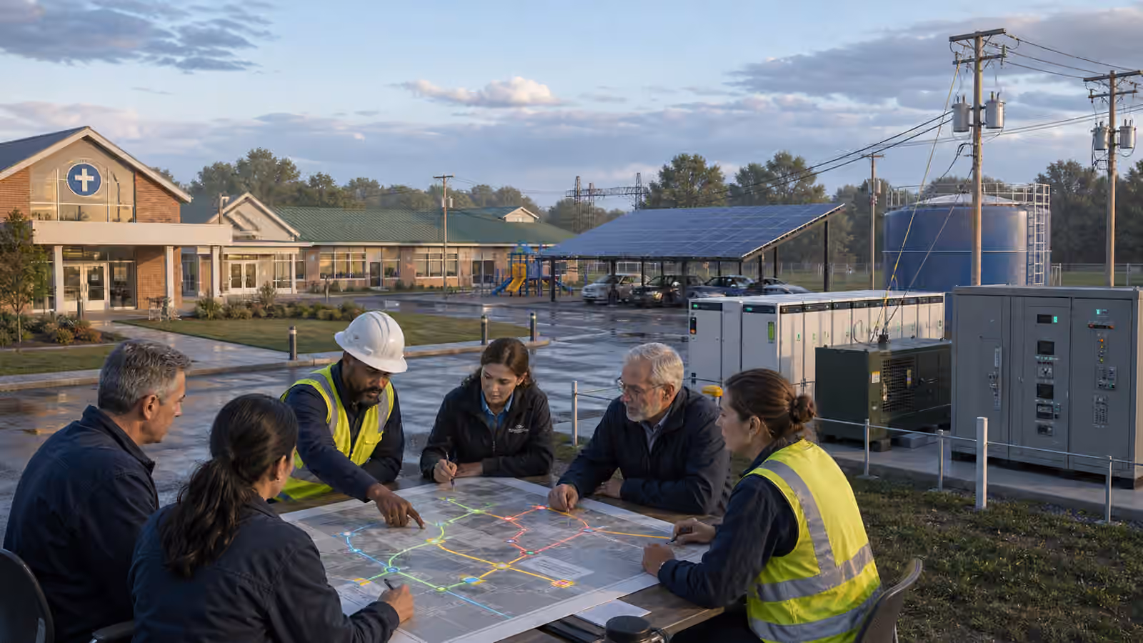 Utility workers and facility managers review a local microgrid plan beside a clinic, school shelter, solar canopy, battery containers, and switchgear.