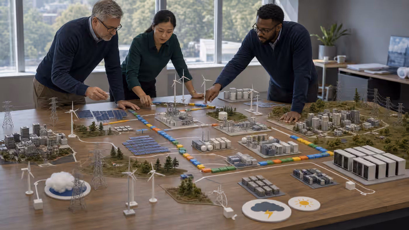 Planners test a regional grid model with substations, renewable plants, batteries, cities, and a data center campus.
