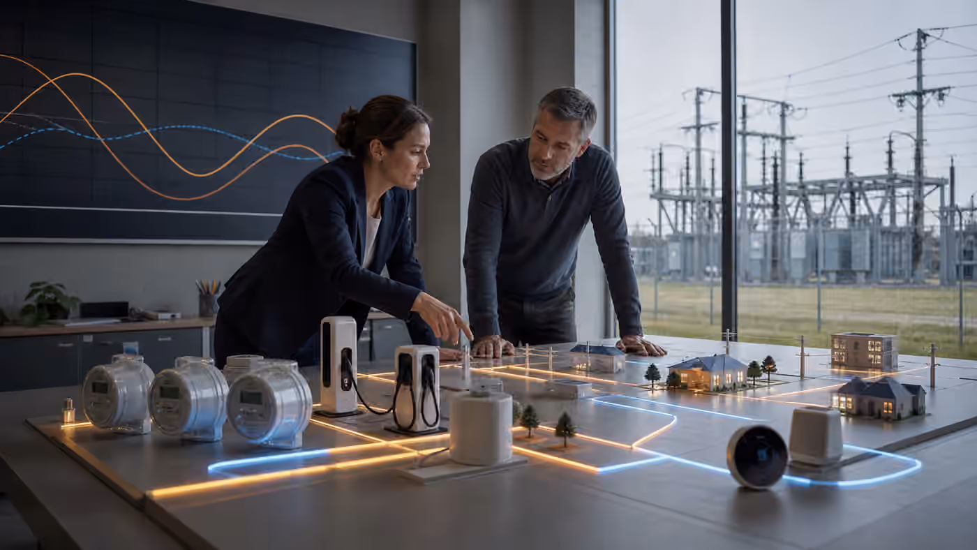 Engineers compare flexible load behavior using meters, chargers, thermostats, and a neighborhood grid model.