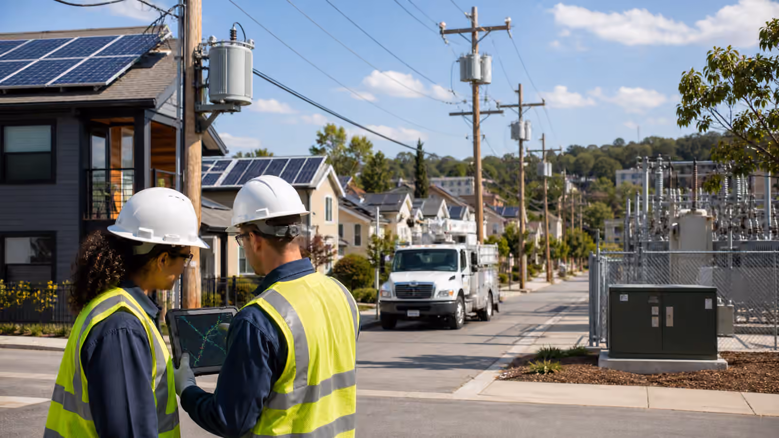 Utility engineers reviewing a neighborhood feeder with rooftop solar, transformers, service trucks, local wires, and a small substation.
