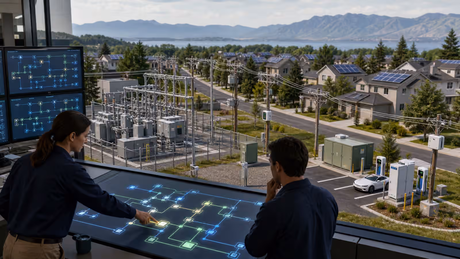 Utility operators review a neighborhood feeder model with rooftop solar, transformers, a battery cabinet, EV chargers, and a small substation.
