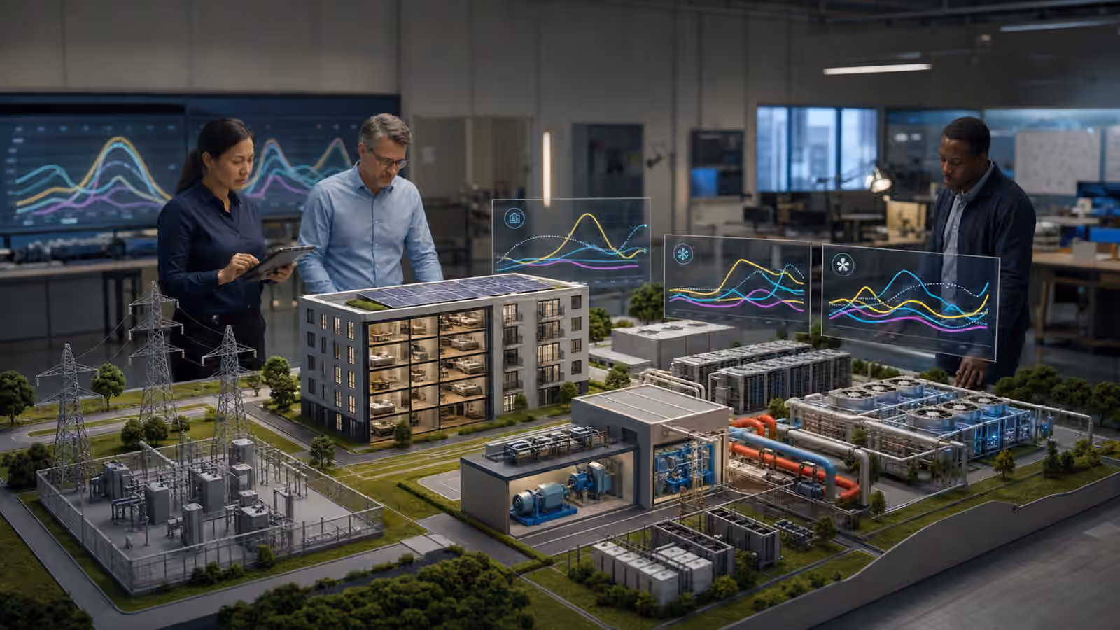 A utility planning room with a tabletop model of efficient buildings, cooling equipment, substations, batteries, transmission lines, and load curves.