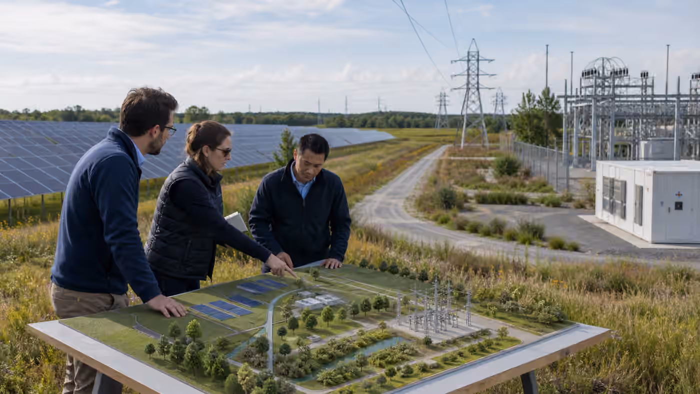 Site planners review a shared energy site with solar arrays, a transmission corridor, a substation, native planting strips, and access roads.