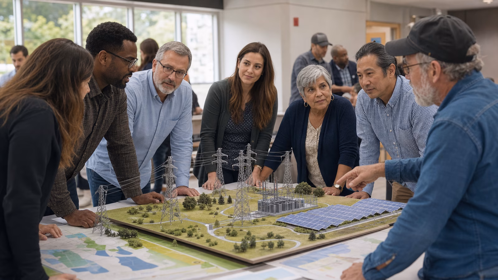 Engineers, officials, and community members reviewing a tabletop model of transmission lines, solar panels, batteries, and local roads in a planning room.