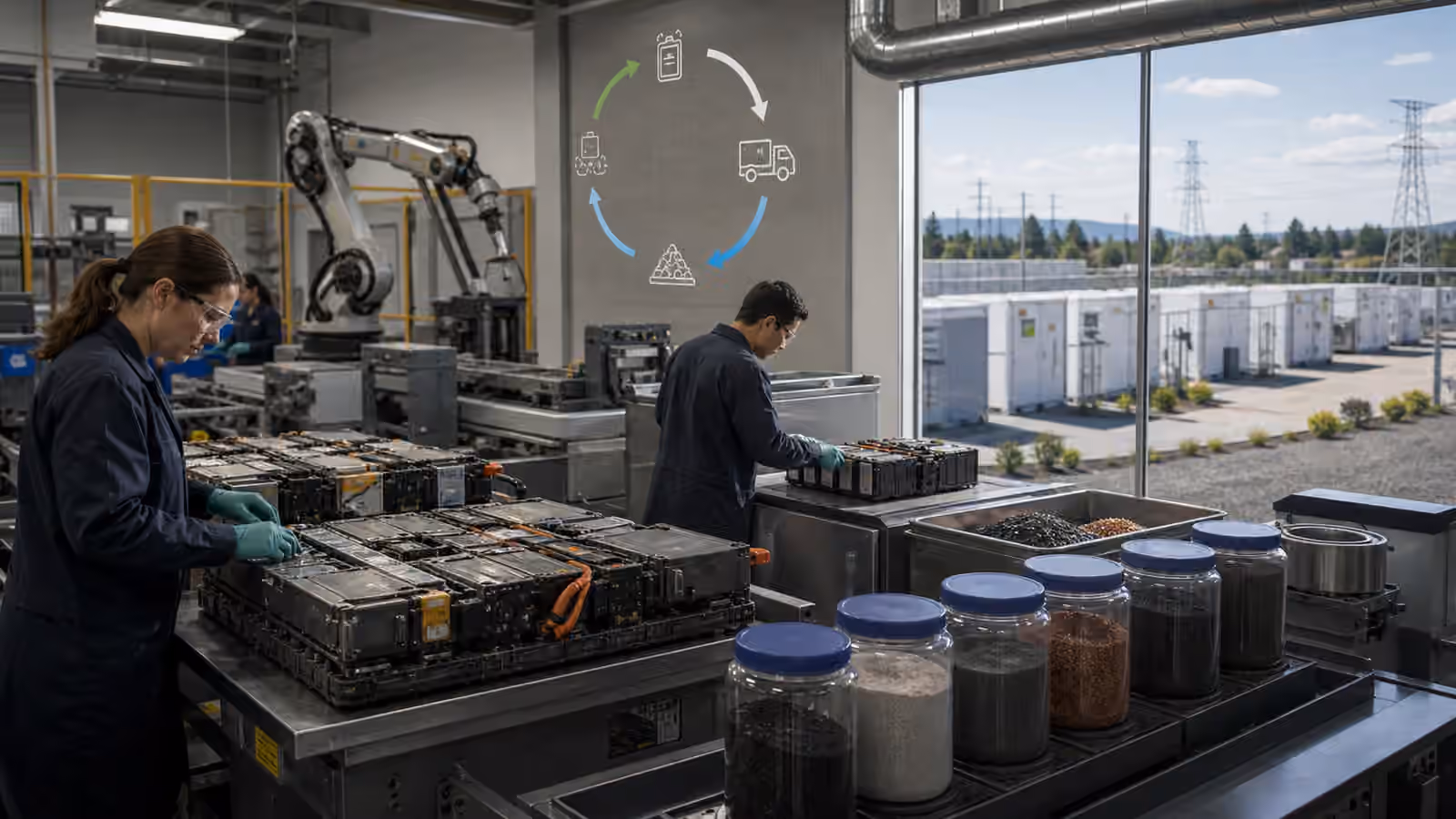 Technicians handle battery modules and recovered materials inside a clean recycling facility with grid battery containers visible outside.