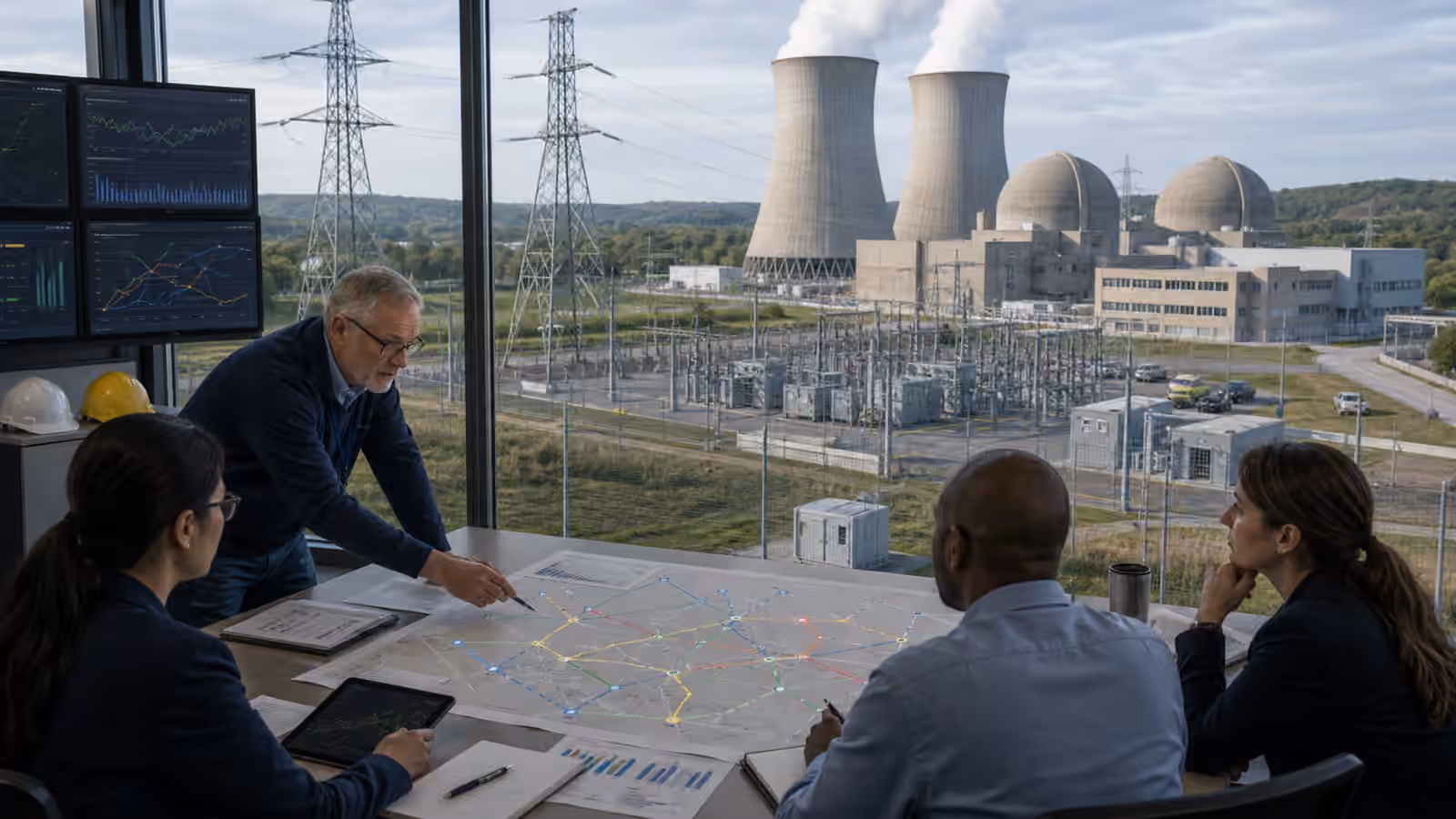 Grid planners review a regional power map beside an existing nuclear plant, switchyard, cooling towers, and high-voltage transmission lines.