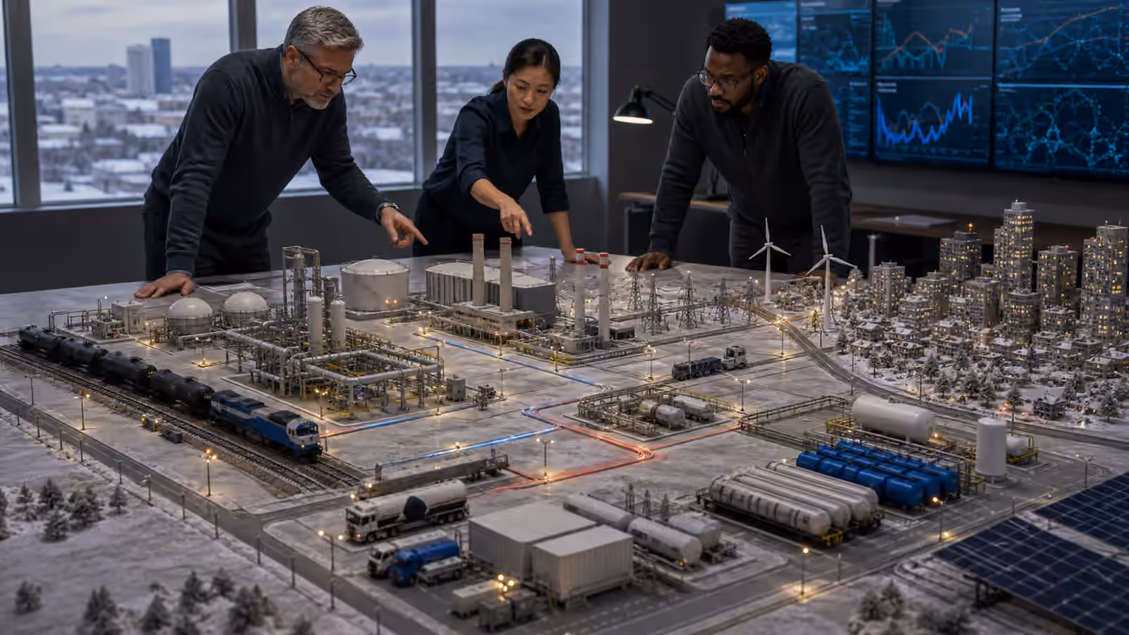 A tabletop grid model with fuel tanks, delivery paths, generators, hydrogen cylinders, a substation, and a cold-weather city load center.
