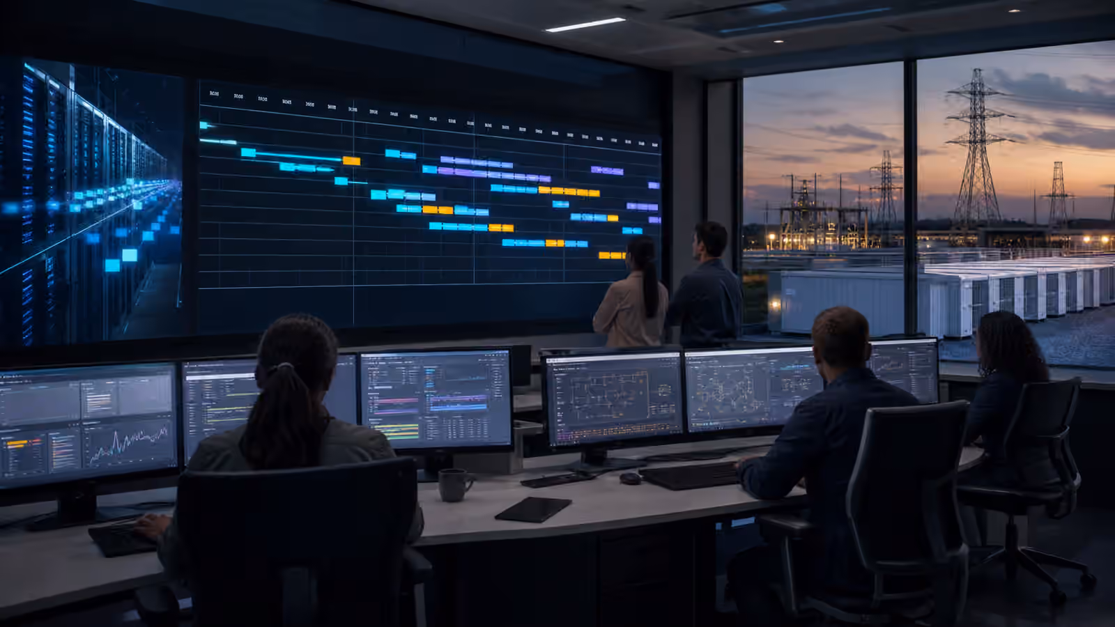 Data center operators coordinating abstract compute schedules with batteries, substations, transmission lines, and server rooms.
