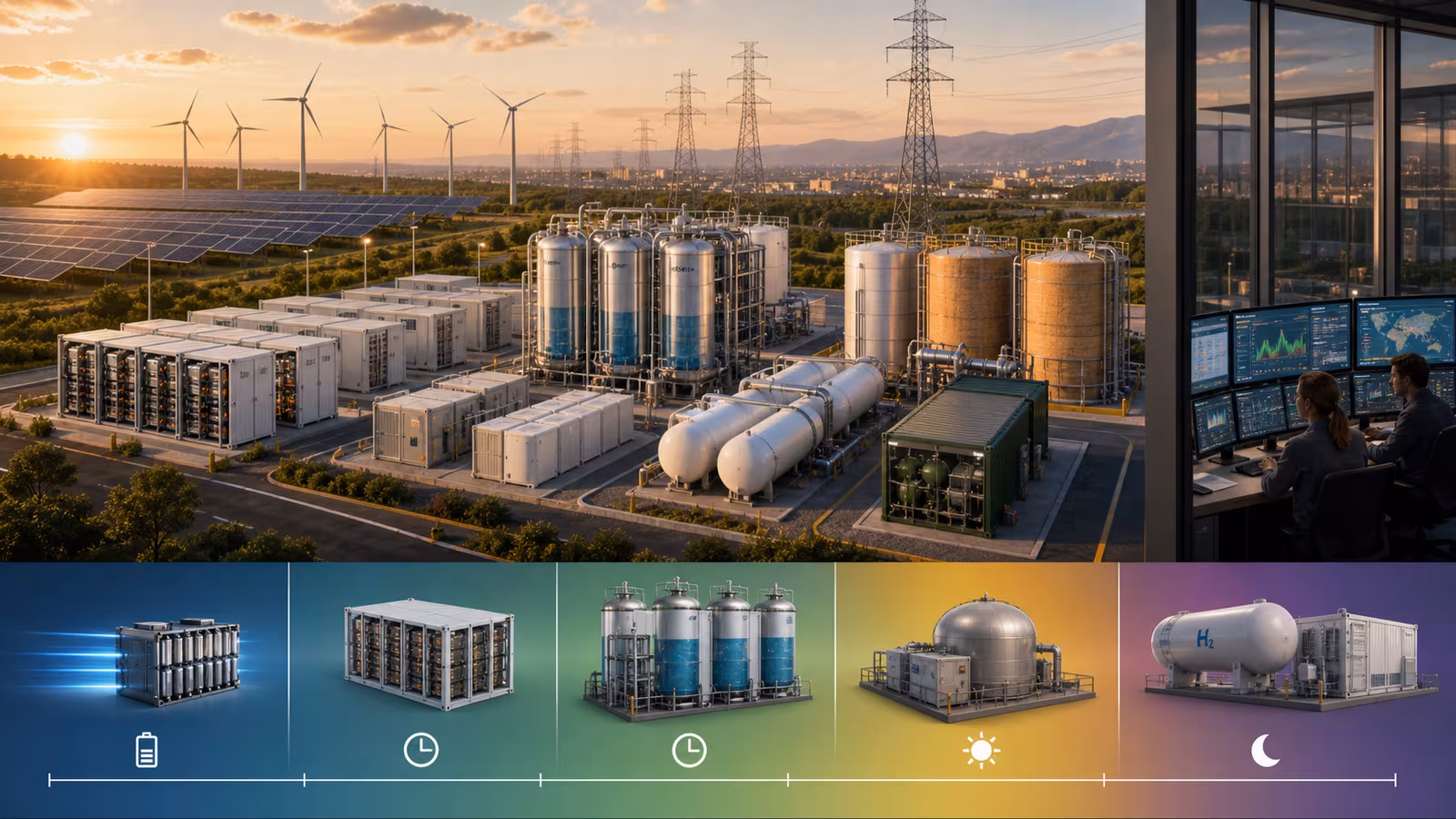 A grid storage hub with lithium battery containers, flow battery tanks, thermal storage silos, hydrogen tanks, wind, solar, and transmission lines.