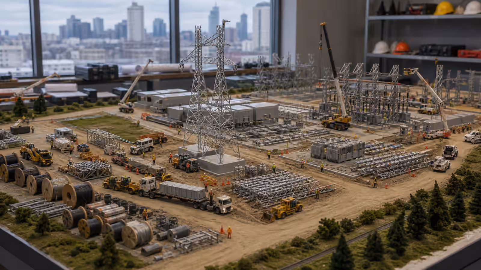 A tabletop construction staging yard with cable spools, transmission structures, substation modules, trucks, safety gear, and a city skyline.