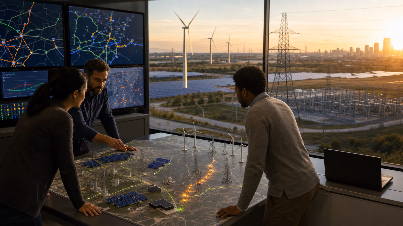 A grid operations room with engineers studying a regional power-flow model, renewable plants, transmission towers, a substation, and a distant city load center.
