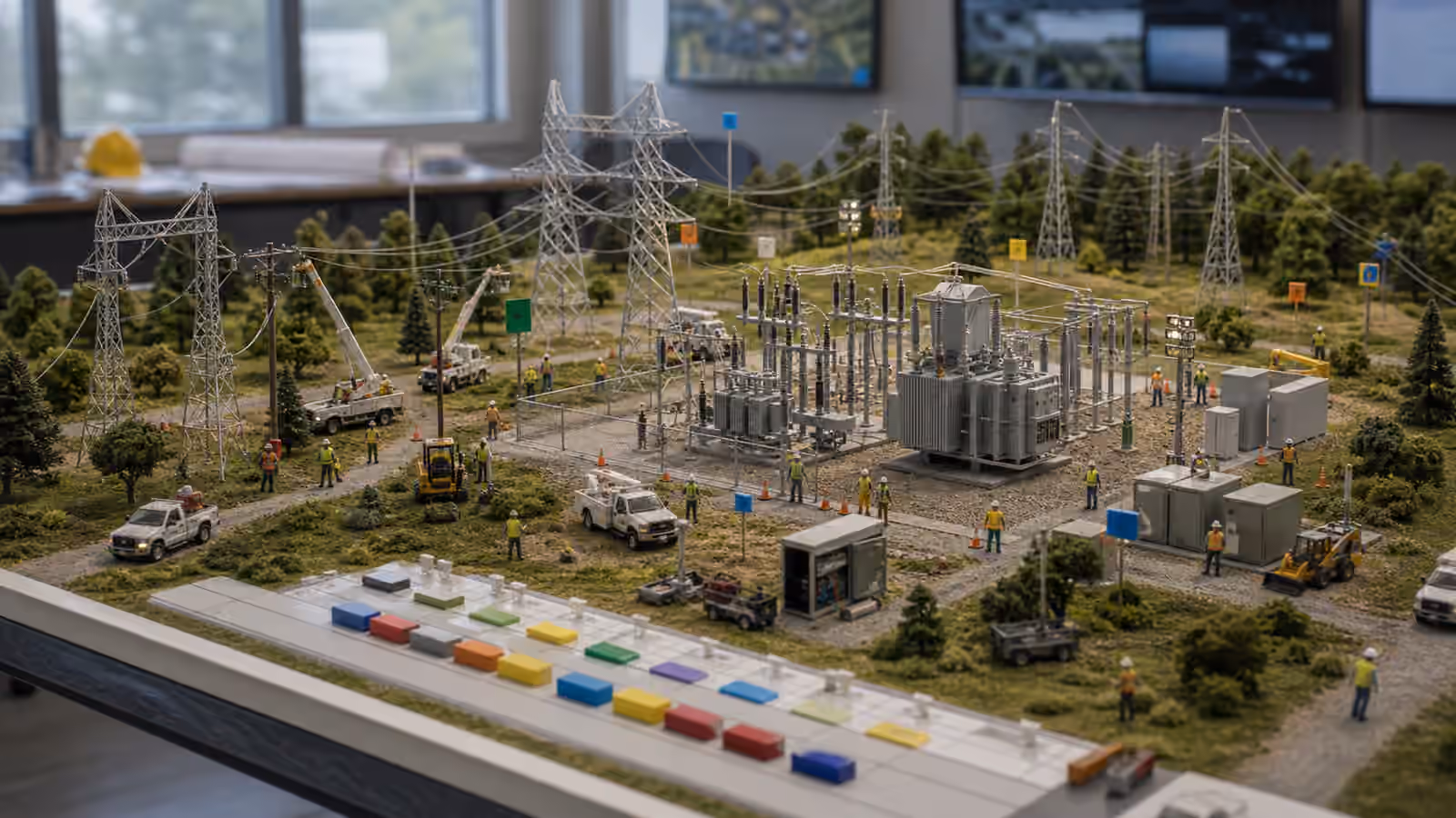 Utility planners arrange a tabletop grid maintenance scene with substations, line sections, safety cones, crew tools, and planning drawings.
