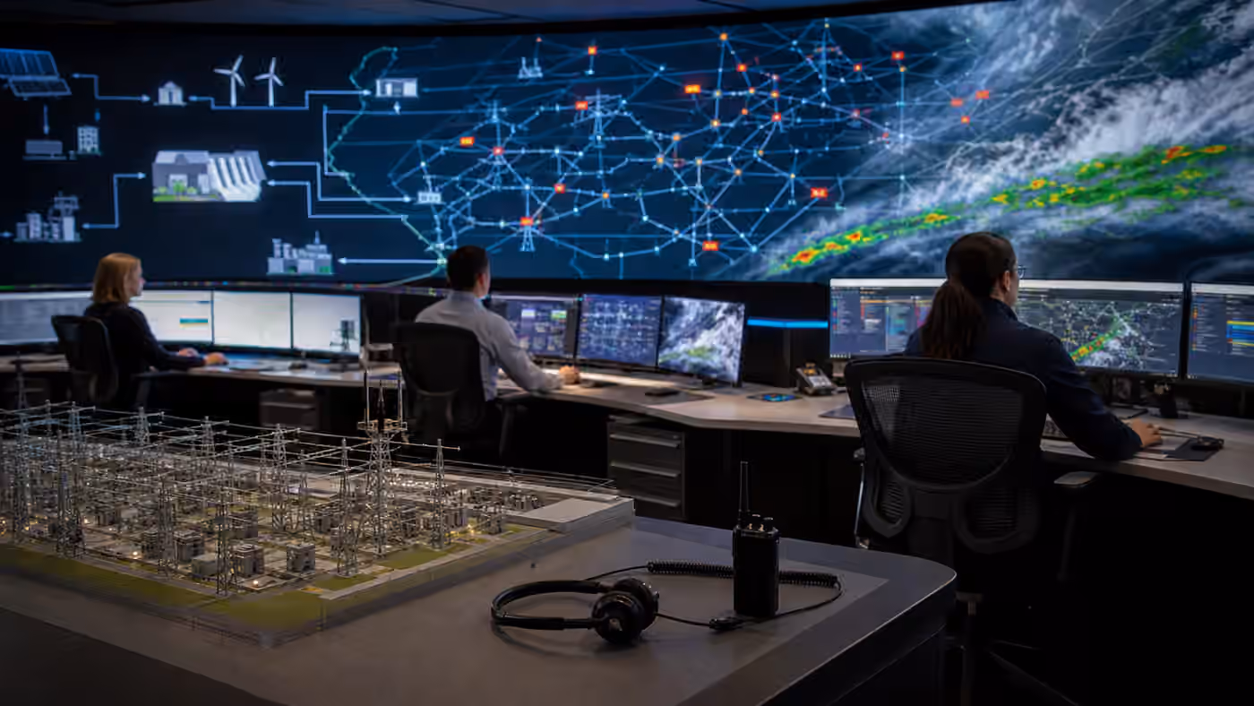 Grid operators monitor weather, transmission conditions, substations, and dispatch in a modern control room.