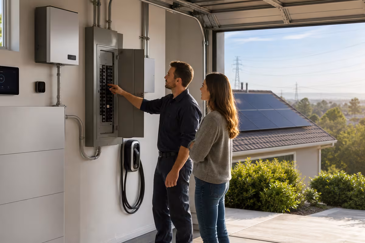 A homeowner and electrician review an electric panel beside a wall battery, EV charger, heat pump equipment, and rooftop solar visible outside.