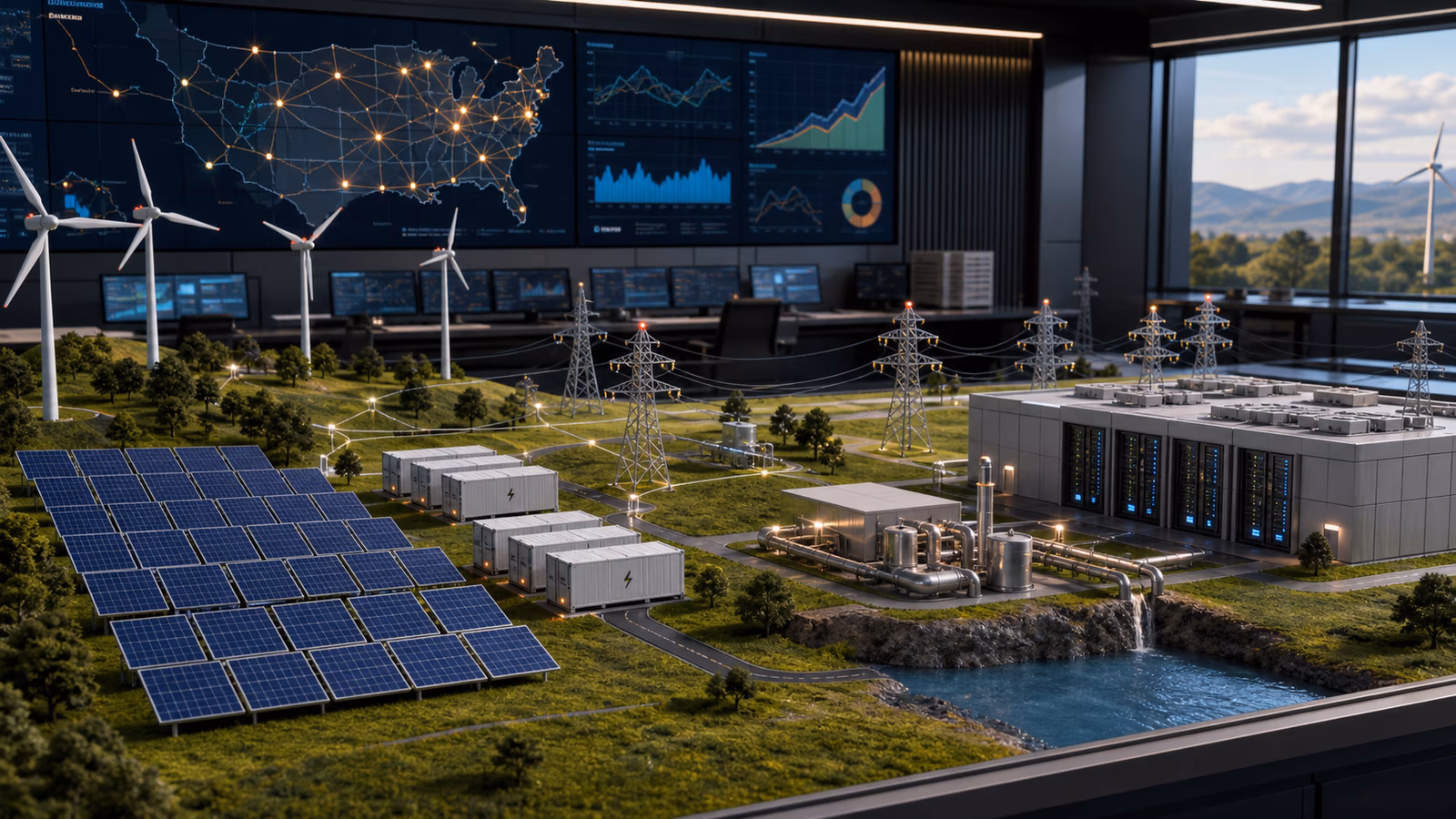 A grid operations room overlooking a tabletop model of solar panels, wind turbines, batteries, transmission towers, geothermal power, and a compact data center.