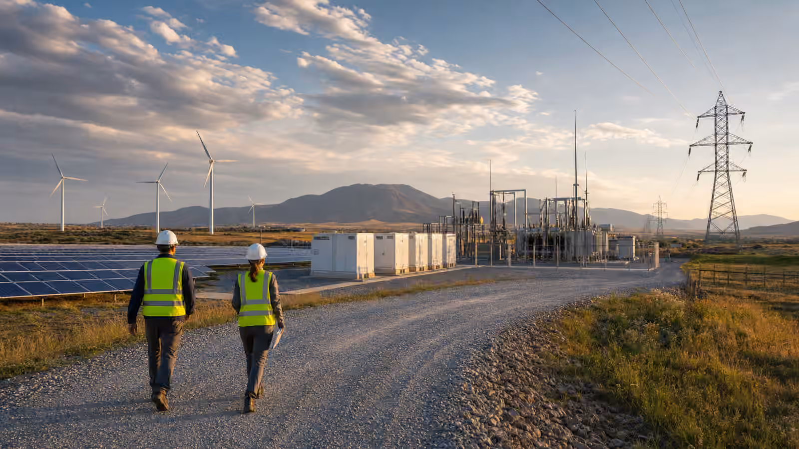 A shared renewable interconnection site with solar arrays, wind turbines, battery containers, a substation, and transmission lines.
