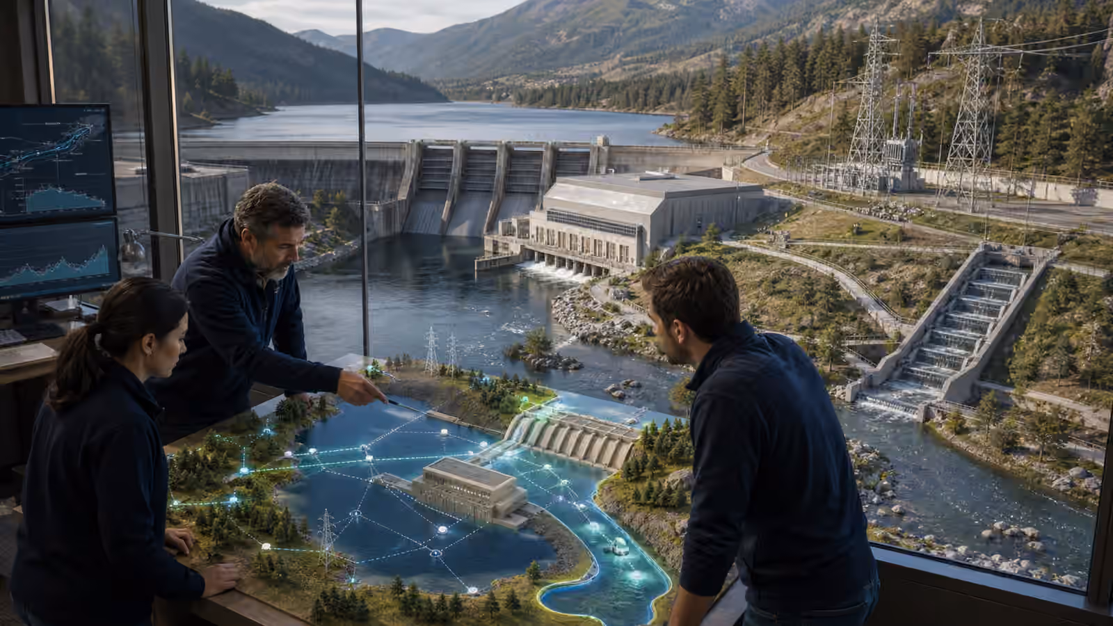Engineers review water flows and grid connections beside an existing dam, powerhouse, fish passage, reservoir, and transmission lines.
