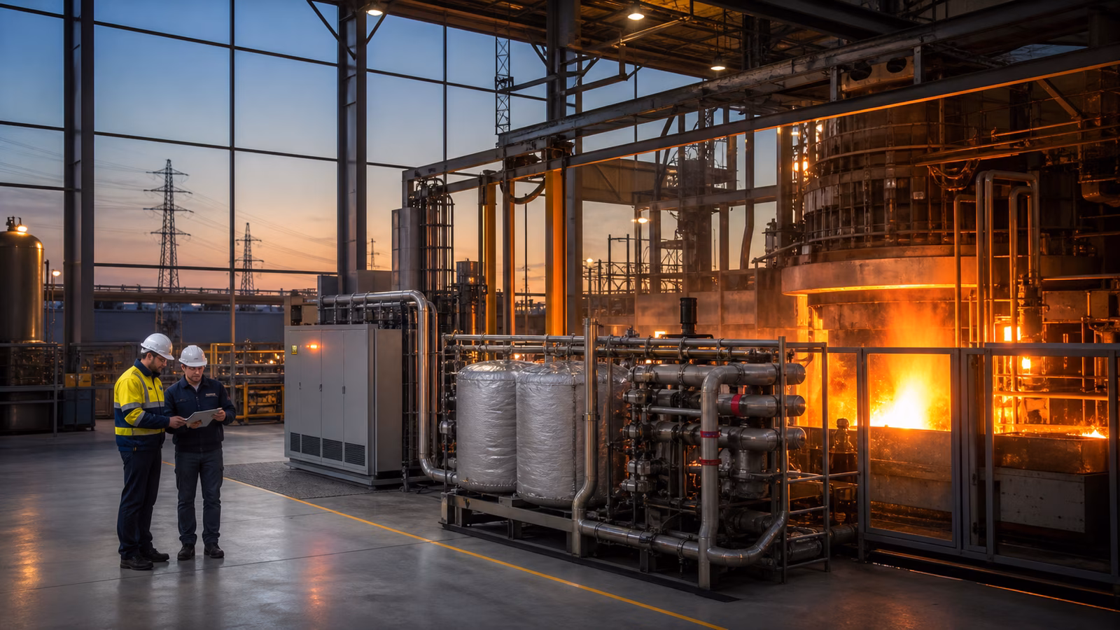Engineers review electrified process heat equipment beside an electric furnace, insulated tanks, pipes, and a visible grid connection