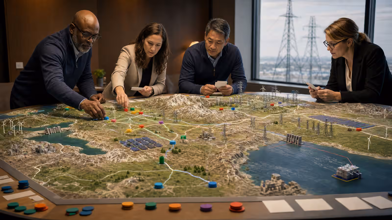 Energy planners using a regional grid model with transmission corridors, weather zones, clean power projects, cities, and coastal converter stations.