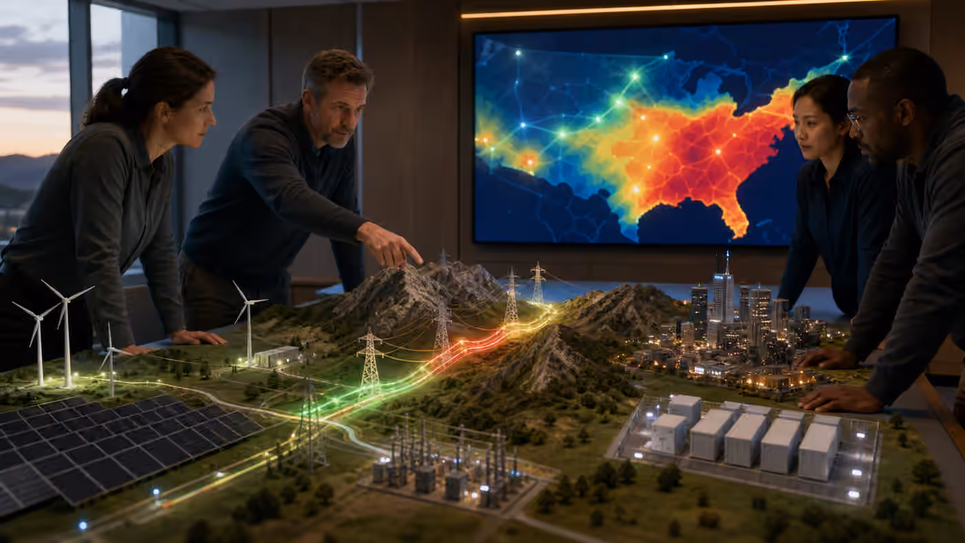 Energy planners study a regional grid model with renewable zones, a constrained transmission corridor, a city load center, and colored power-flow lights.