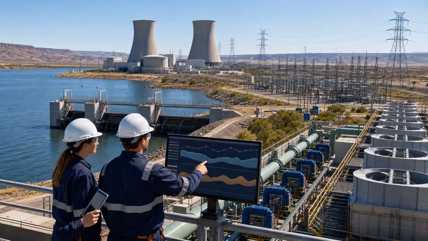 Engineers inspect cooling-water and heat-rejection equipment at a power station beside a reservoir and substation.