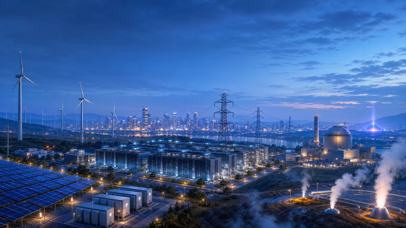 A future electric grid landscape with city load, data center power demand, transmission lines, storage, geothermal, advanced nuclear, and fusion research connected together.
