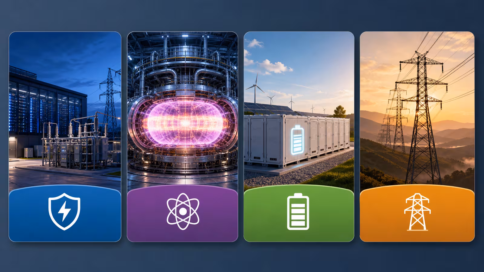 Four visual energy choice cards showing a data center, fusion chamber, grid batteries, and transmission lines as parts of a future power system.