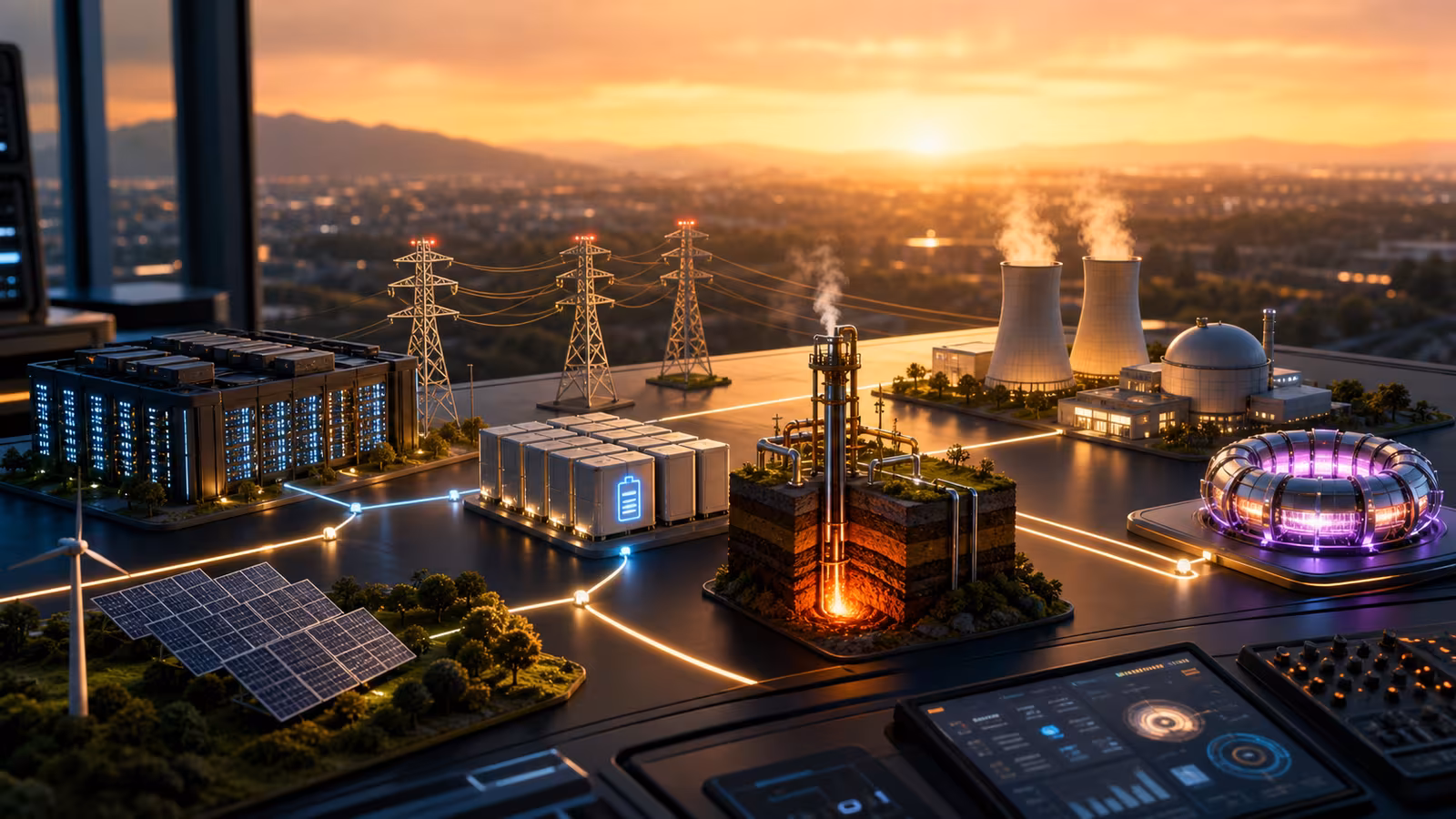 A future energy tabletop model with a data center, transmission towers, grid batteries, geothermal wells, a compact nuclear plant, and a glowing fusion ring