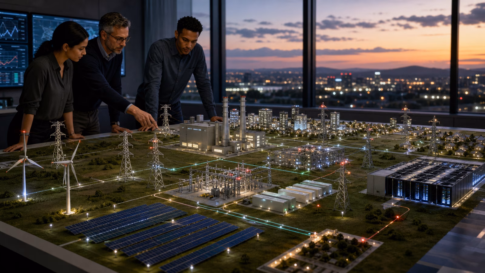Grid planners reviewing a tabletop model of power plants, solar, wind, batteries, transmission towers, substations, city demand, and a data center at dusk.