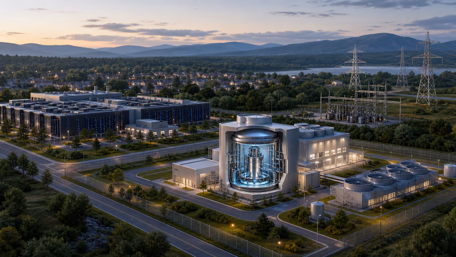A compact advanced nuclear facility beside a data center campus and town edge with cooling systems, landscaped buffer, security perimeter, and transmission connection.
