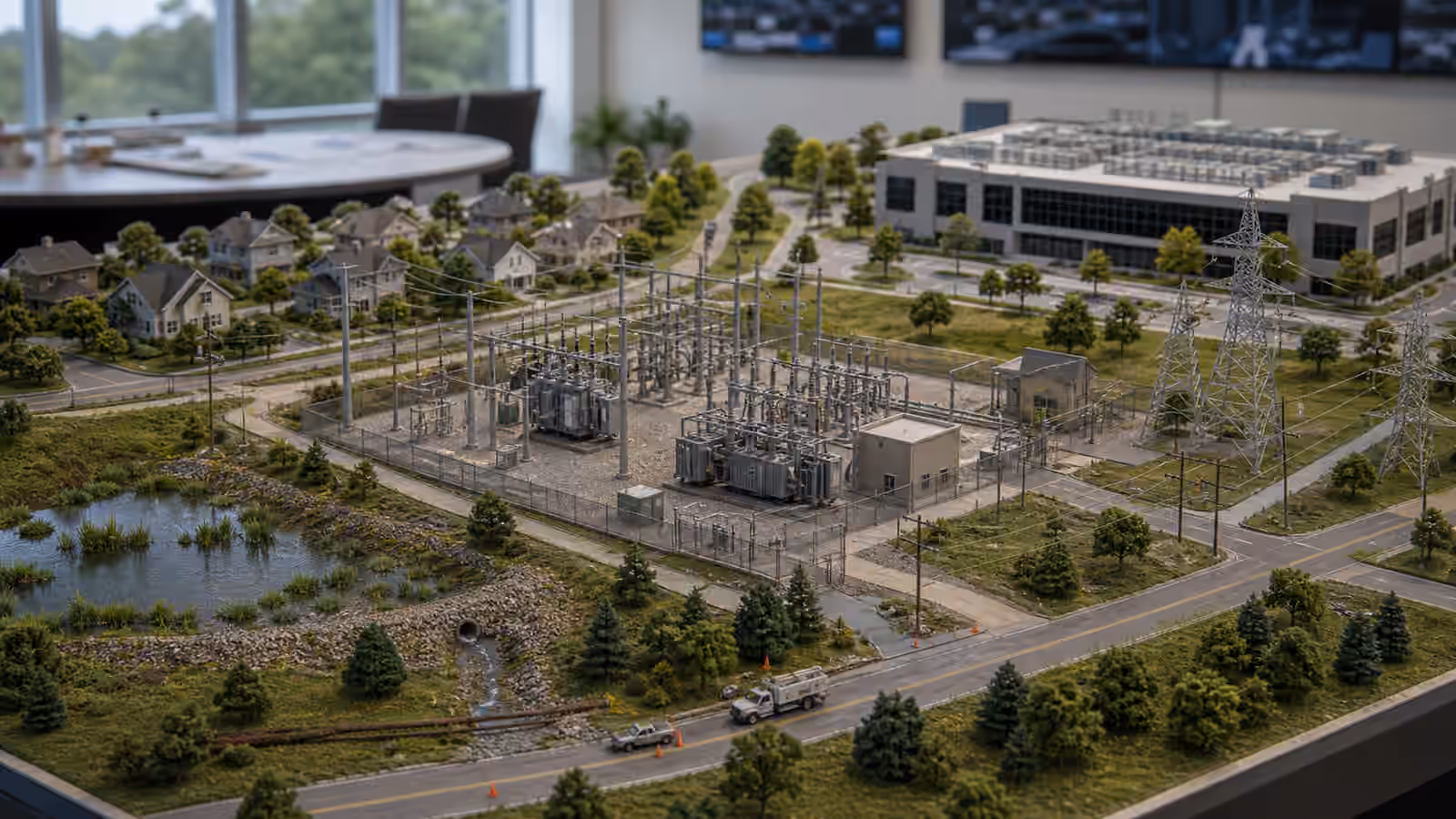 A detailed tabletop model of a substation, nearby data center, roads, trees, distribution feeders, and transmission towers.