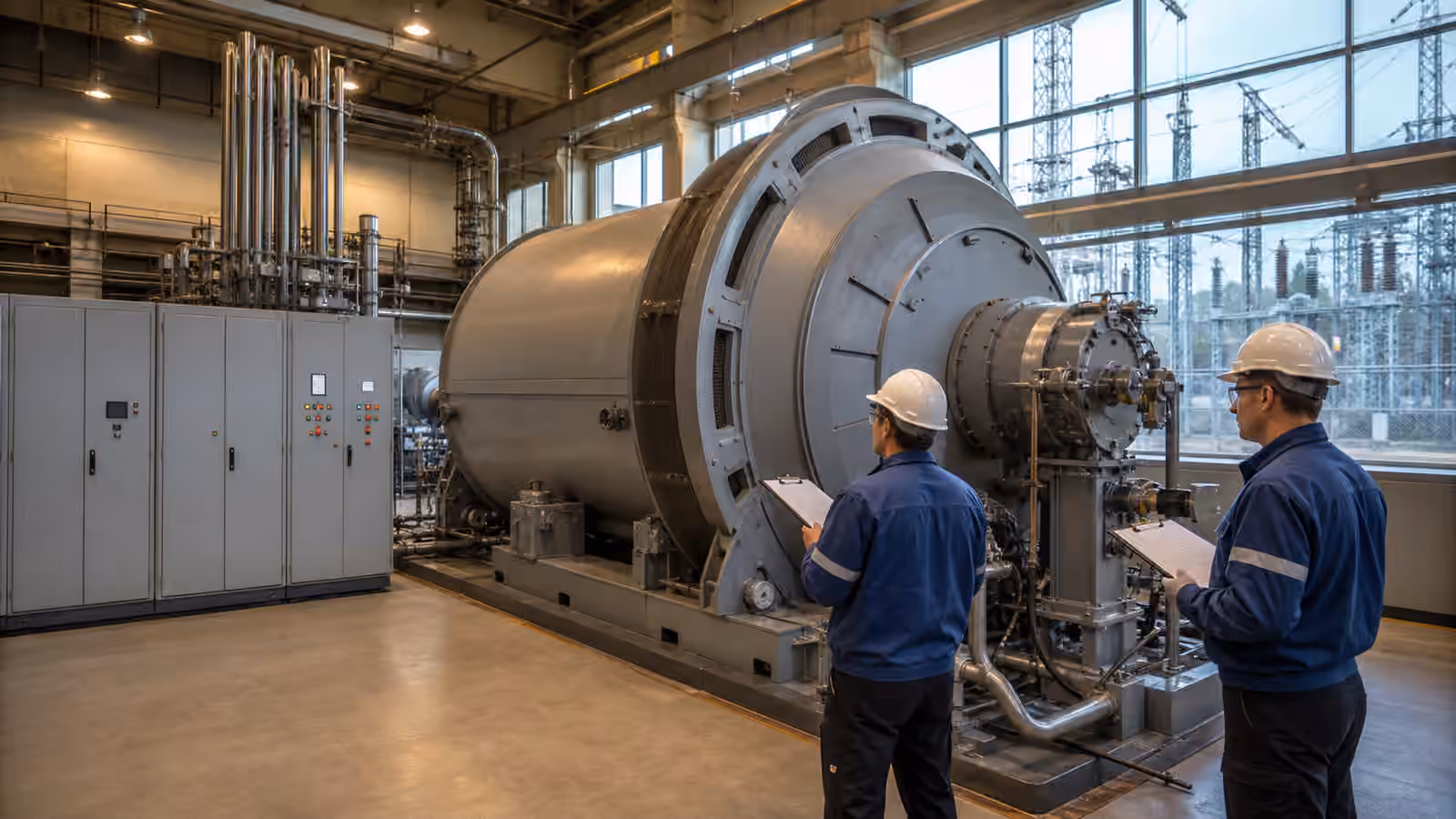 Engineers inspecting a large synchronous condenser machine inside a power equipment hall with a substation visible outside.