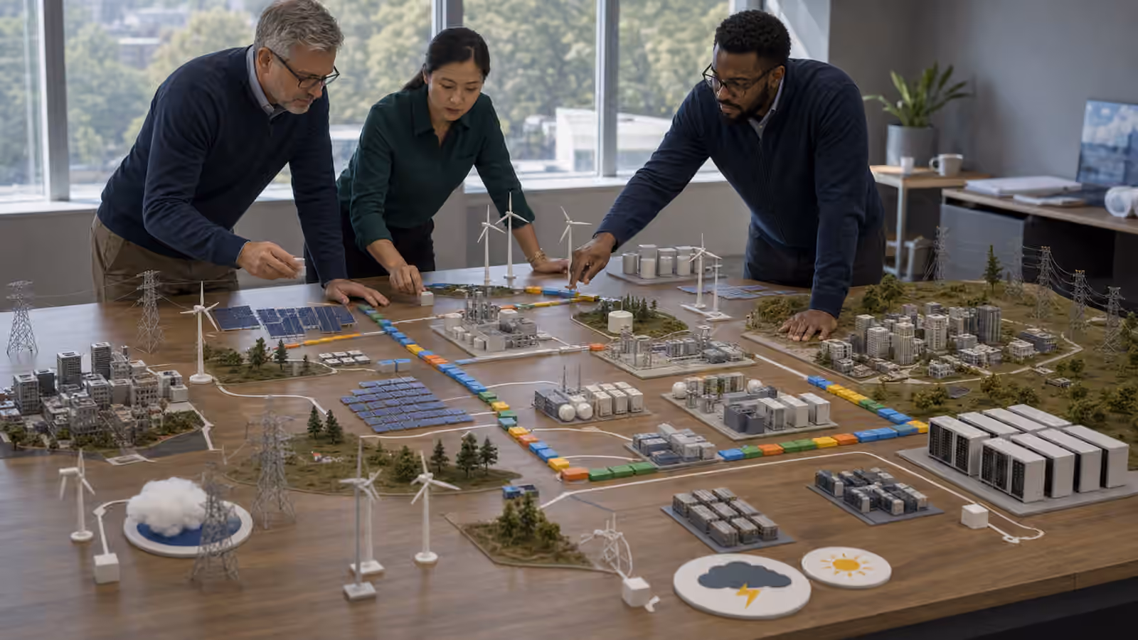 Planners arrange a tabletop future energy portfolio with solar, wind, storage, firm power, transmission, data centers, cities, and weather markers.