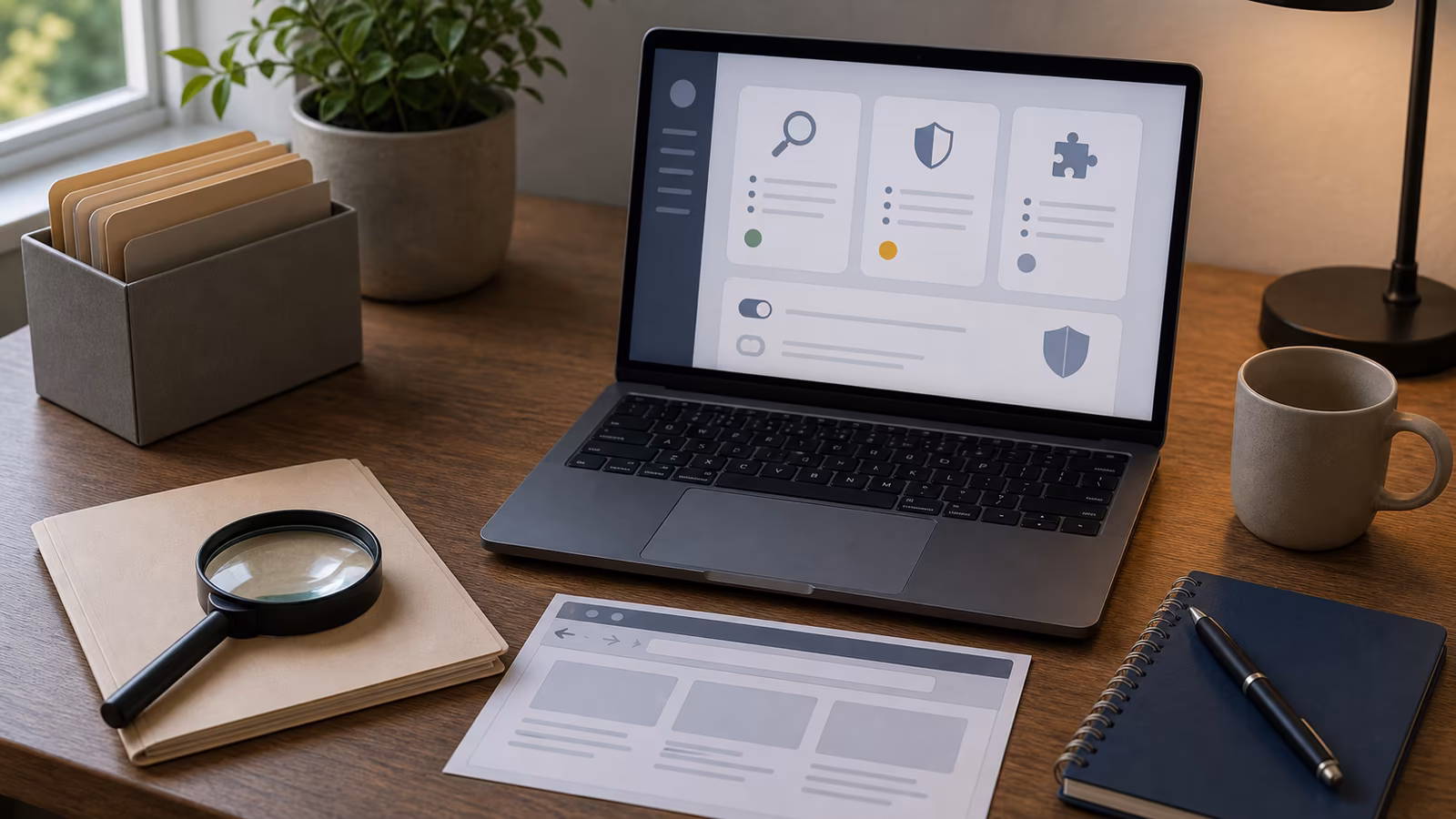 A laptop with abstract tool comparison cards, privacy folder, magnifying glass, and unbranded browser panels.