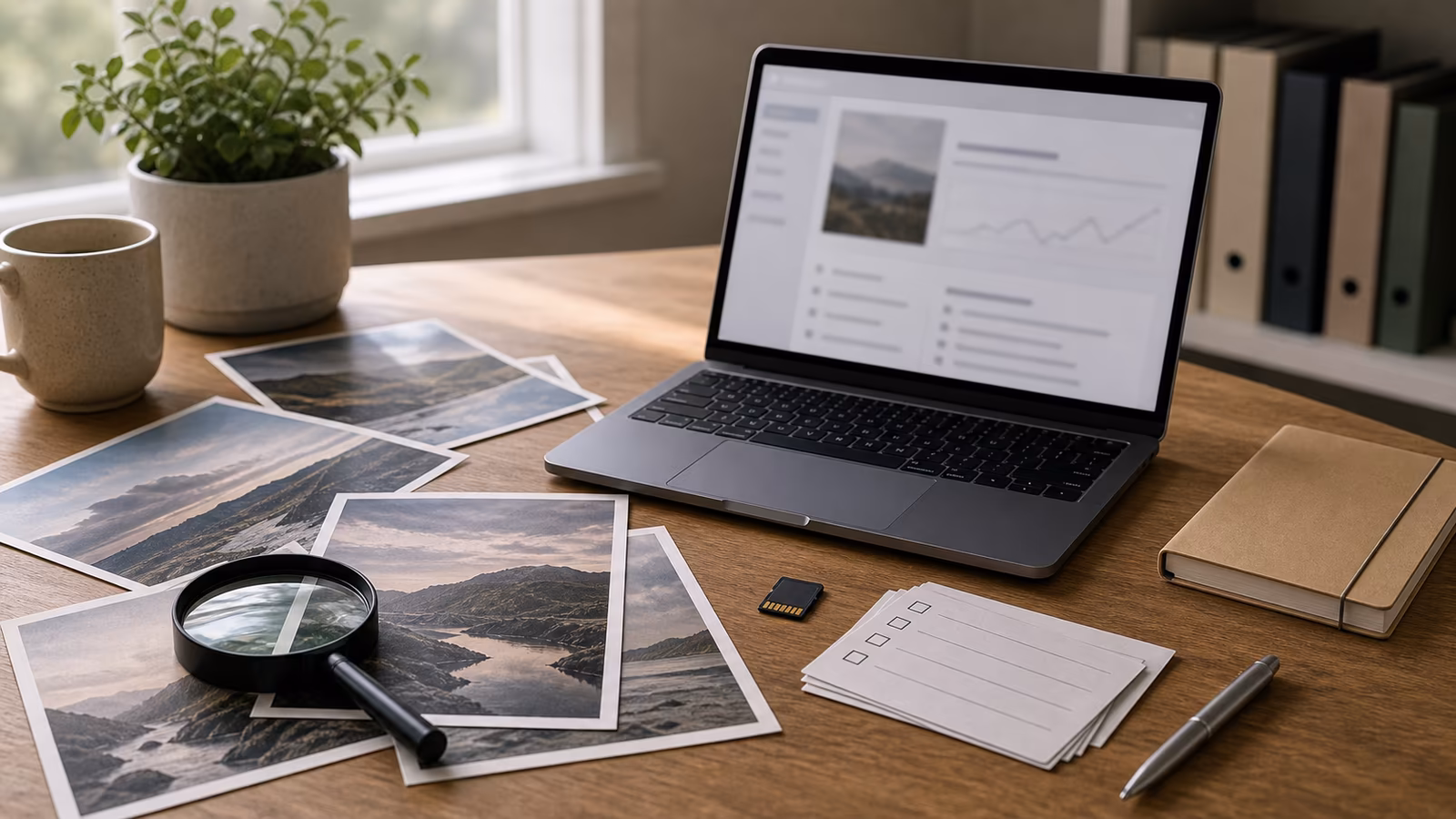 Photo cards, a magnifying glass, provenance checklist cards, and a laptop arranged for checking possible AI images.
