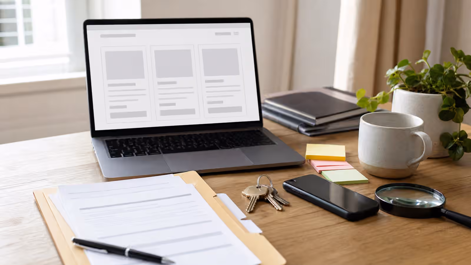A desk with a laptop showing abstract rental listing cards, blank application papers, keys, phone, sticky notes, and magnifying glass.
