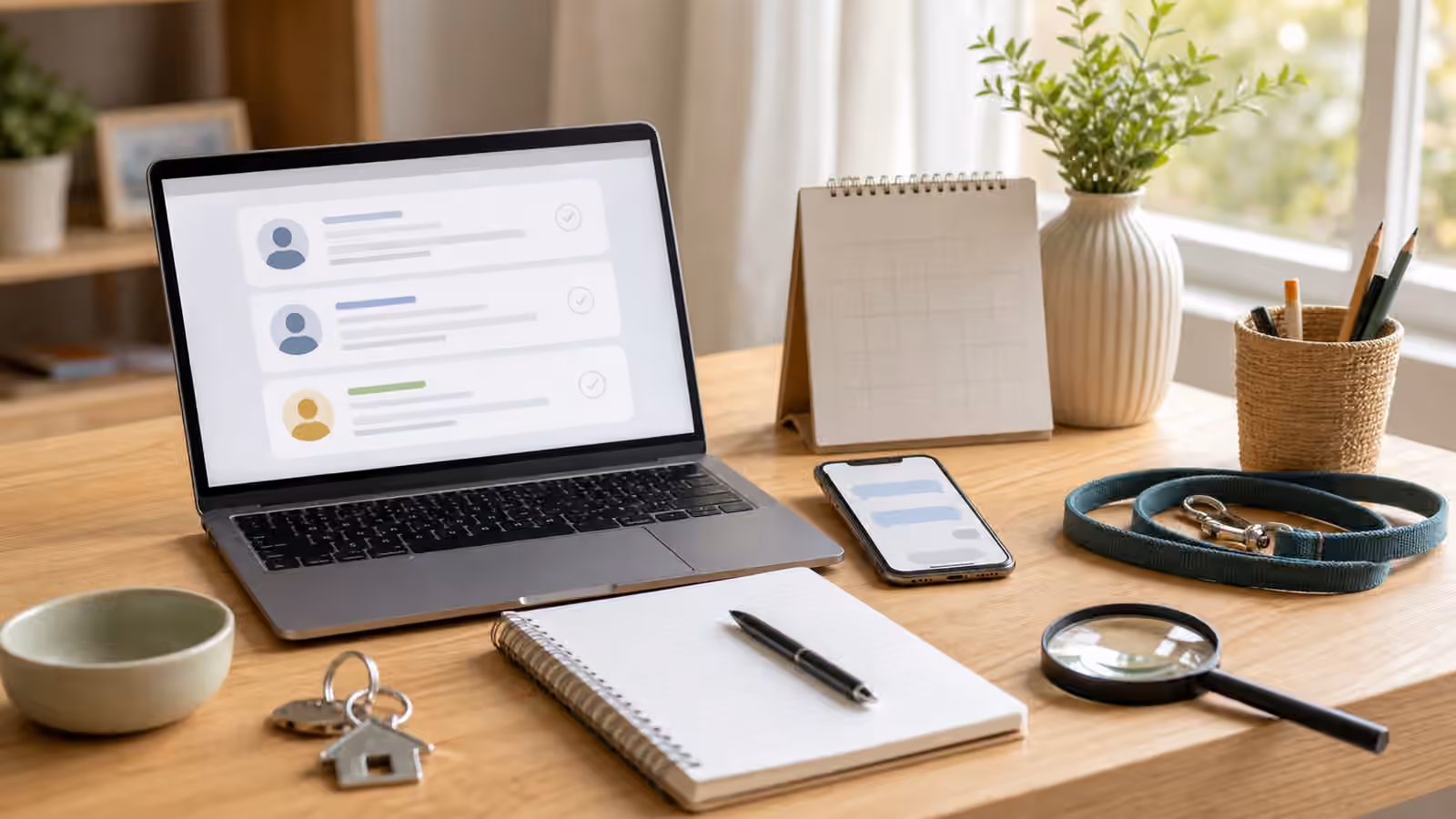 A calm family desk with abstract profile cards, phone messages, calendar, key, notebook, leash, pencil cup, and magnifying glass.