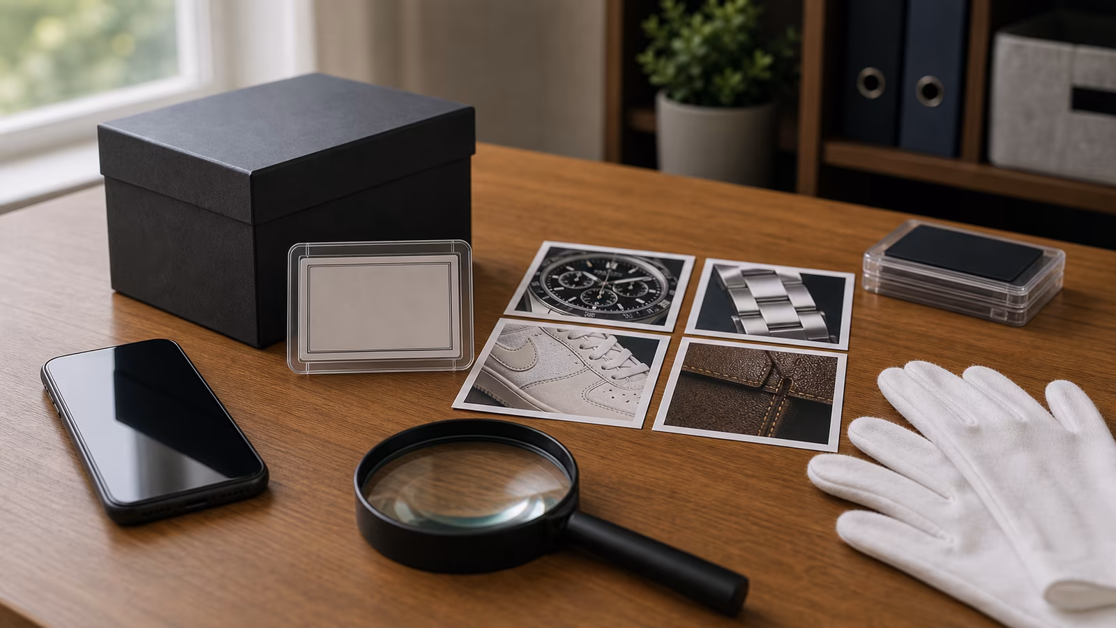 A collectible item box, blank serial card, magnifying glass, and photo comparison cards on a verification desk.