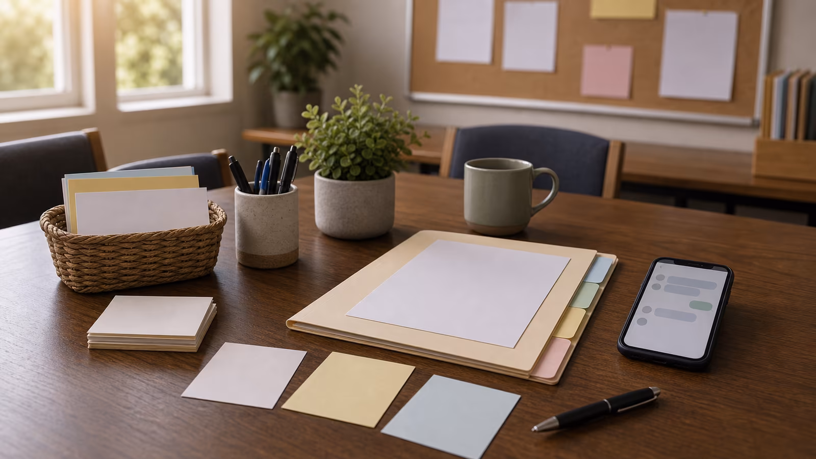 Community bulletin cards, a group-chat phone, and an official announcement folder on a calm table.